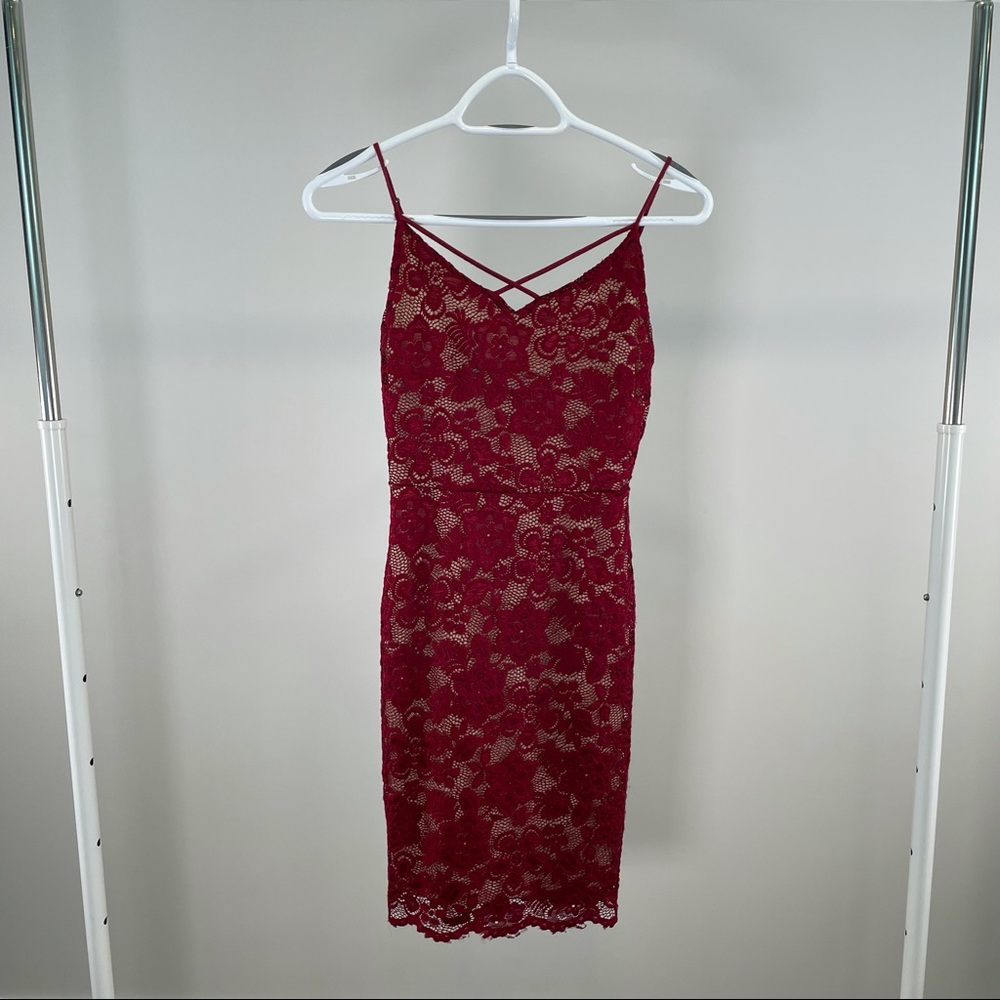 Red and nude lace Guess bodycon mini dress